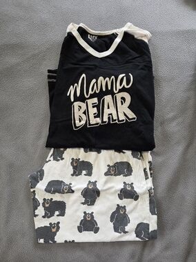 Lazy One "Mama Bear" Womens Pajama Top & Bear-Print Pants - Black & White